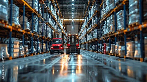 A busy warehouse with forklifts and workers, symbolizing efficient logistics operations.