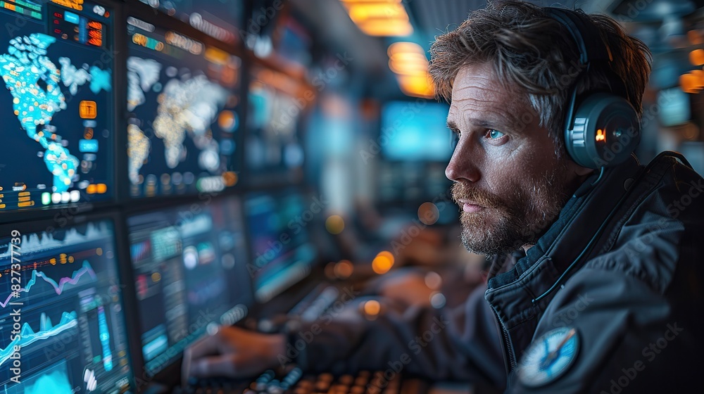 A logistics team in a control room monitoring global shipments. A logistics team in a control room monitoring global shipments.