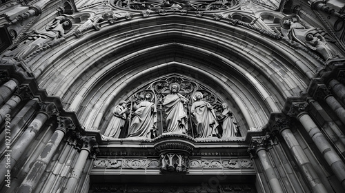 The image is a black and white photo of a church with a large archway