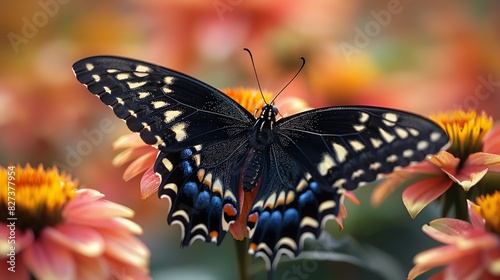 Black swallowtail butterfly with white and blue markings perched on a pink flower with a blurred background of orange flowers.