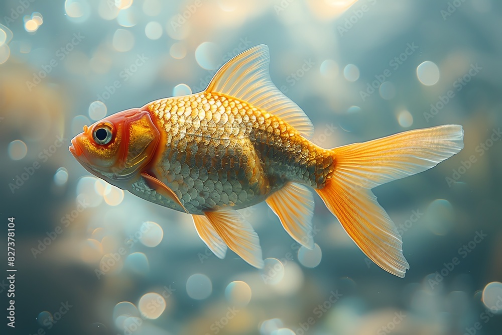 A single goldfish swims gracefully through clear water, its scales shimmering in the sunlight. Bubbles rise around it, creating a tranquil scene. A single goldfish swims gracefully through clear water, its scales shimmering in the sunlight. Bubbles rise around it, creating a tranquil scene.