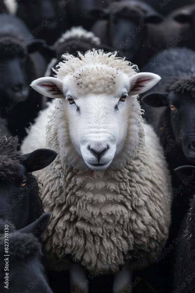 A single white sheep stands out amongst a flock of black sheep. A single white sheep stands out amongst a flock of black sheep.
