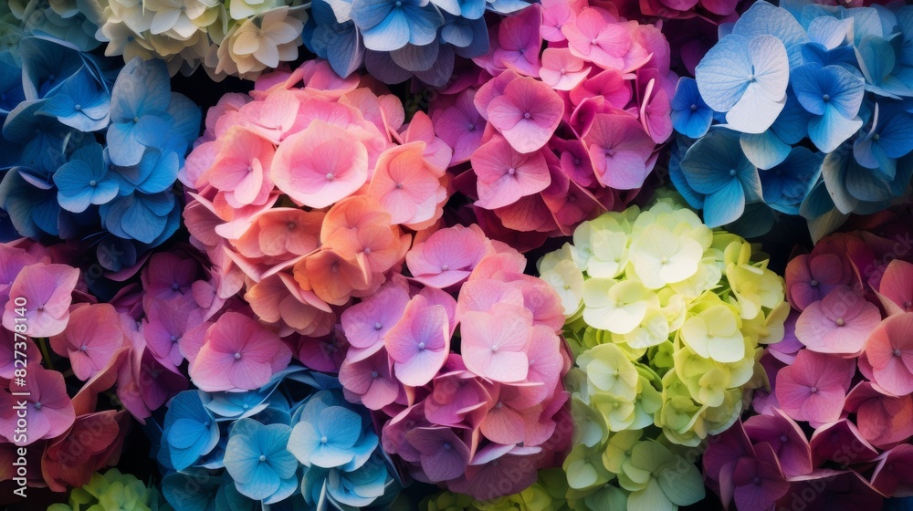 Fototapeta premium A Kaleidoscope Of Hydrangeas Capturing Nature's Colorful Harmony. Generative AI