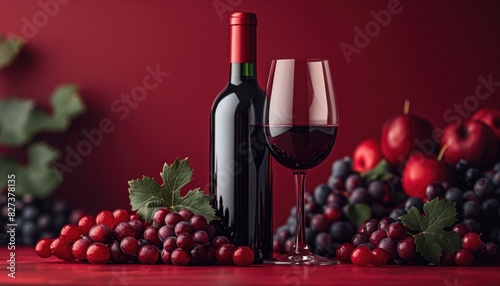 Bottle and glass of red wine on a red background, mockup, 3d