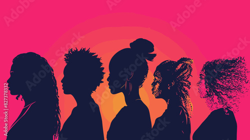 Five Diverse Women Silhouettes on Pink Background with Text, Strong and Brave Girls from Different Ethnicities and Cultures, International Women's Day Banner
