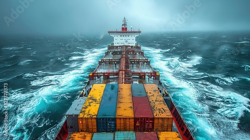 A container ship navigating rough seas, symbolizing the challenges of global logistics.