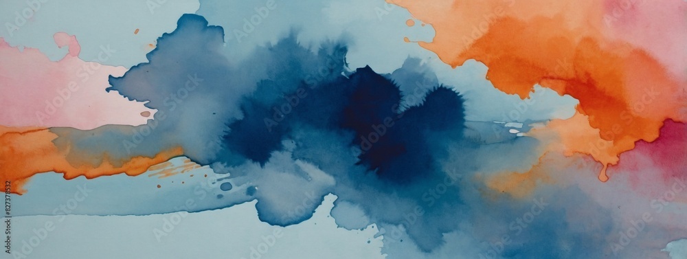 Captivating watercolor composition with blue background, orange-pink edges, and bleed-effect center.