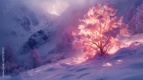 winter wonderland with snow-covered trees in soft fluffy hues of blue and lavender