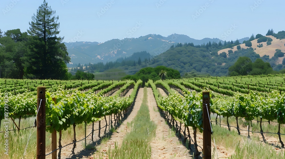Naklejka premium Captivating Beauty: A Serene Vineyard Landscape, Where Vines Stretch into the Horizon, Bathed in Golden Sunlight, Inviting Tranquility and Wine-Lovers Alike.