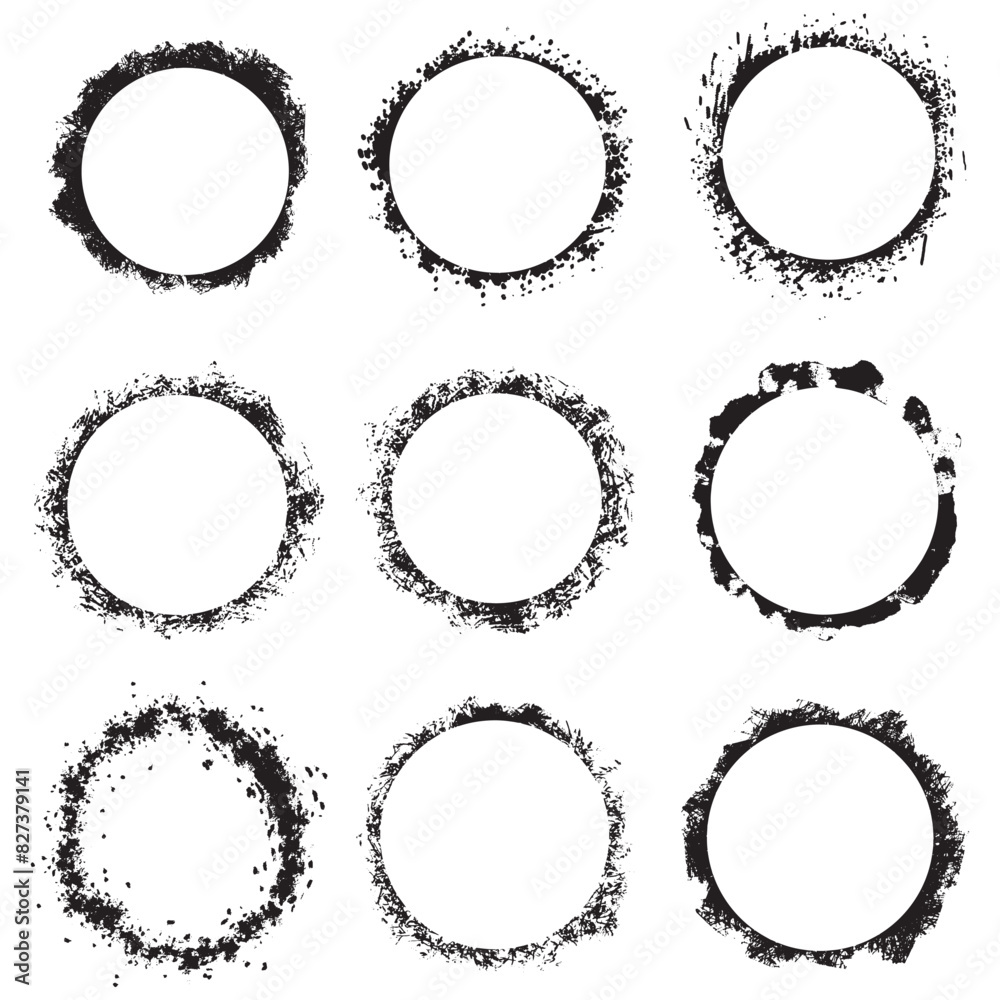 Collection of grunge style black ink stroke circle borders Collection of grunge style black ink stroke circle borders