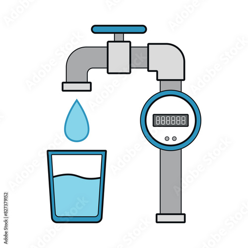 Economical cold water meter. Glass with water. Colored flat clipart.