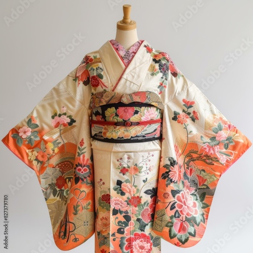A woman wearing a kimono with a floral pattern © Du