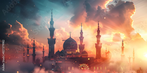 Muslim festival with mosque and multi colored clouds Eid Mubarak at sunset background.