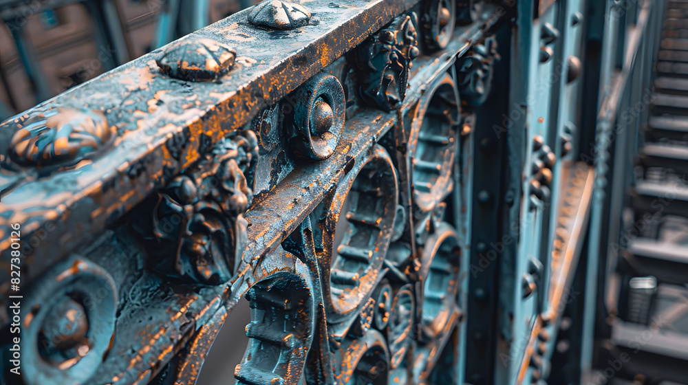 The bridge is old and rusted, with a lot of holes and peeling paint The bridge is old and rusted, with a lot of holes and peeling paint