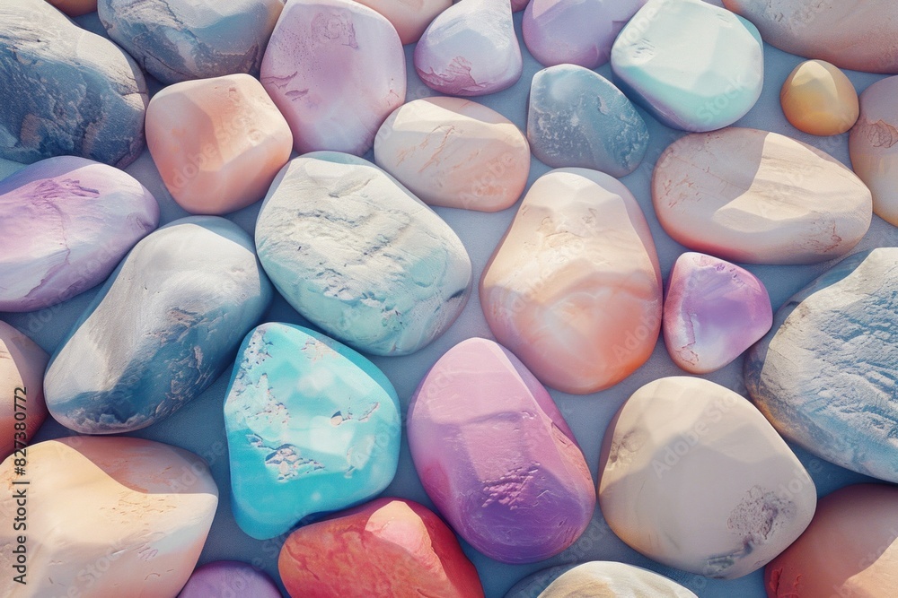 Colorful pebbles arranged in a pattern on a white surface for decoration and interior design concept Colorful pebbles arranged in a pattern on a white surface for decoration and interior design concept