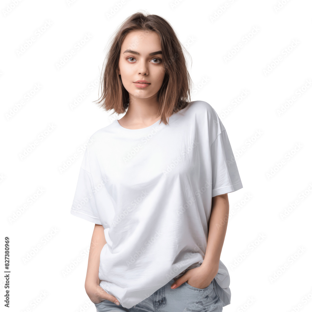 portrait of a smiling woman with short hair wearing white t-shirt isolated on transparent background portrait of a smiling woman with short hair wearing white t-shirt isolated on transparent background