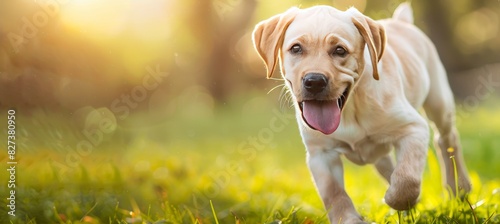 Playful labrador puppy running in sunlit grassy field, tongue out, basking in warm sunlight photo