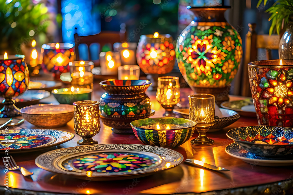 Stain glass crockery on the dining table, making an awesome view for candle light diner Stain glass crockery on the dining table, making an awesome view for candle light diner