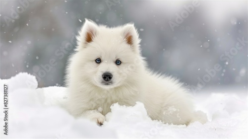 Adorable white samoyed puppy in snowdrift with mischievous look, exuding playfulness