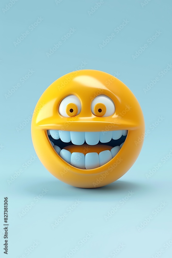 grinning emoji on a pale blue background with space for copy The emoji is bright yellow with a wide, toothy grin grinning emoji on a pale blue background with space for copy The emoji is bright yellow with a wide, toothy grin