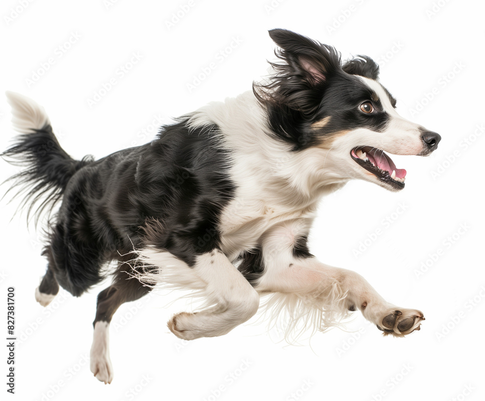 border collie on white background, mid sprint 4 paws off the ground border collie on white background, mid sprint 4 paws off the ground