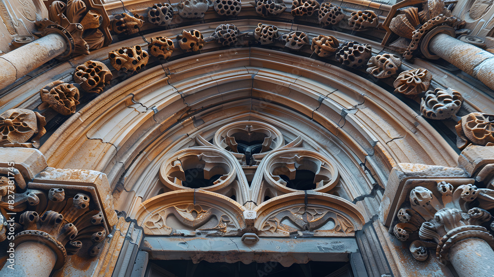The arched windows of a building are covered in intricate designs The arched windows of a building are covered in intricate designs