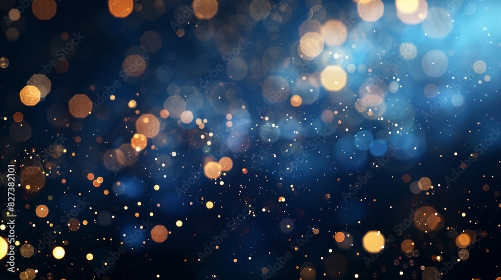 Dark background with golden bokeh particles and festive lights Dark background with golden bokeh particles and festive lights