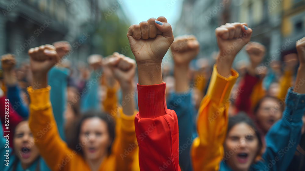 Fototapeta premium A diverse group of individuals stands united with their fists raised, symbolizing solidarity during a protest.