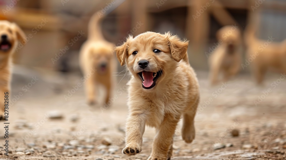 Assorted breed puppies play joyfully in sunny backyard, exuding playful and happy energy Assorted breed puppies play joyfully in sunny backyard, exuding playful and happy energy