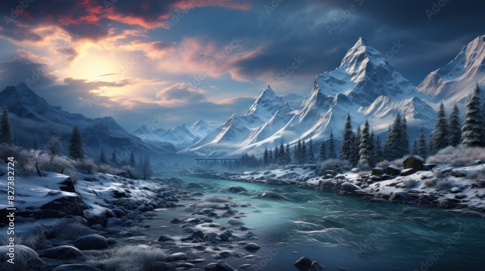 Fantastic Winter Epic Magical Landscape of Mountains