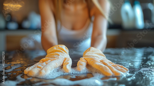 Hands in gloves disinfecting kitchen counter