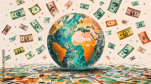 An illustration of a globe surrounded by currency symbols, representing global finance. photo