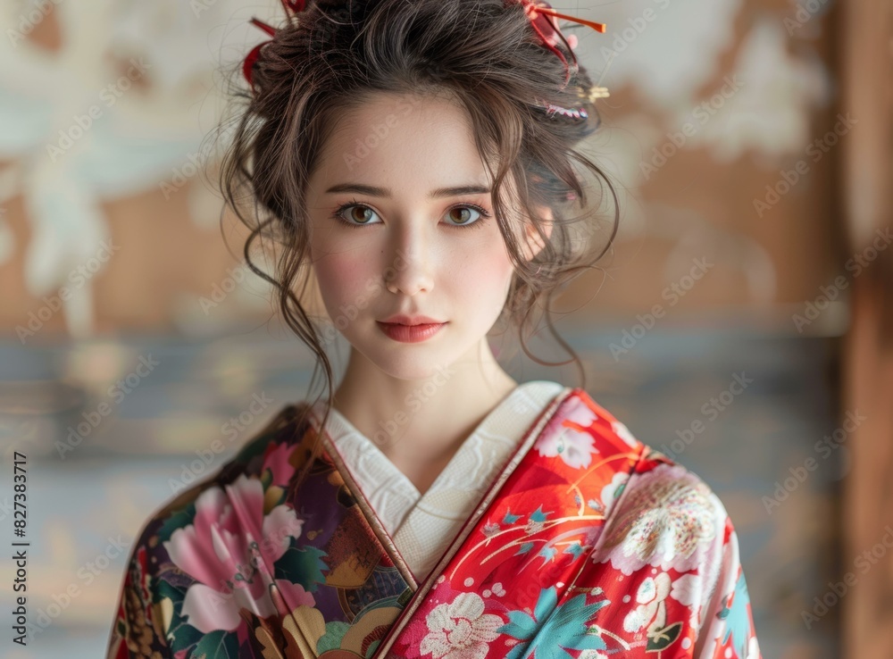 Portrait of a Young Woman Wearing Traditional Japanese Kimono
