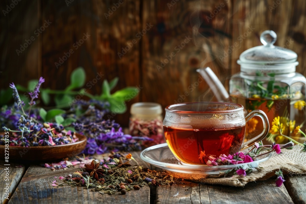 Steaming cup of herbal tea surrounded by colorful flowers and loose leaves on a rustic table