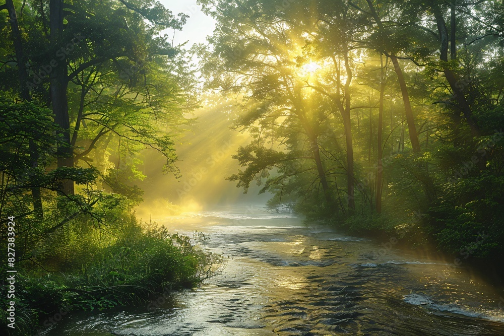 Serene Sunrise Over a Forested River Serene Sunrise Over a Forested River