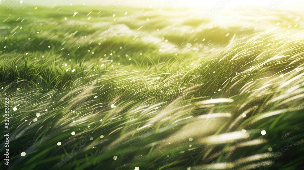 Grassy landscape with intense swirling winds and bright sunlight illuminating close up details of nature s panorama