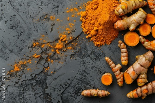 Overhead view of fresh turmeric roots and vibrant turmeric powder scattered on a dark, rustic surface