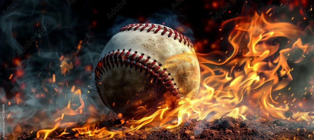 A Baseball in Flames fire around on a dark background A Baseball in Flames fire around on a dark background