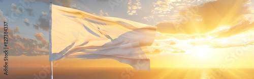 A white flag of surrender waving on a battlefield sun rising and rays spreading cloudy background photo