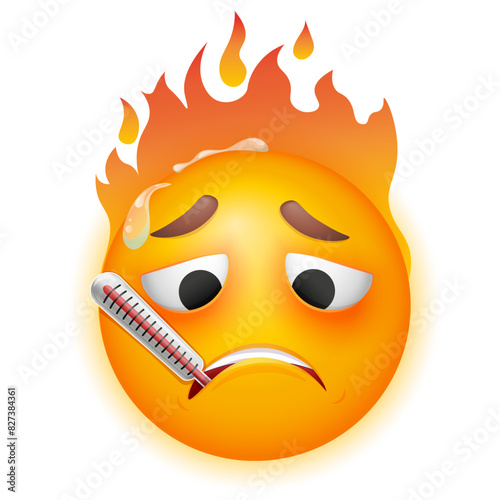 Sick emoji with thermometr on white background. Vector exhausted emoji. Yellow face. Cute emoticon photo