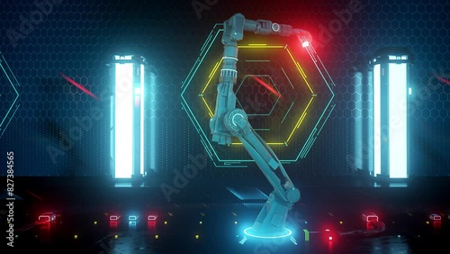 Endless rows of industrial robots with synchronized motion on a seamless VJ loop. Ideal for visualizing sound beats in music videos, performance walls, LED screens and projection cards. photo