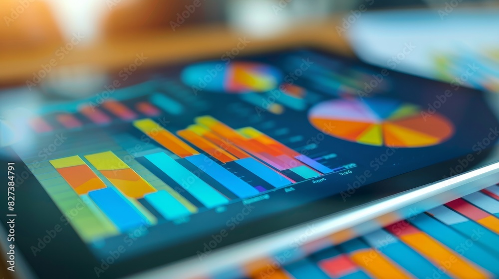 Tablet displaying a variety of colorful charts and diagram analysis. Tablet displaying a variety of colorful charts and diagram analysis.