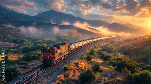A freight train transporting goods through a rural landscape. photo