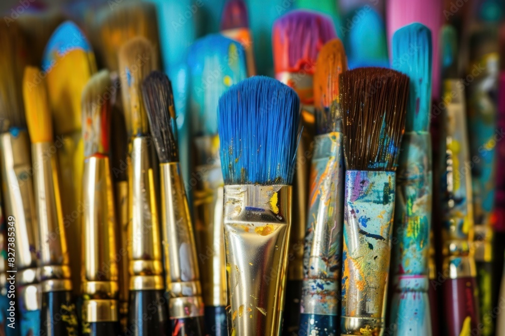 Fototapeta premium Vibrant closeup image showcasing a collection of used paint brushes with residual paint