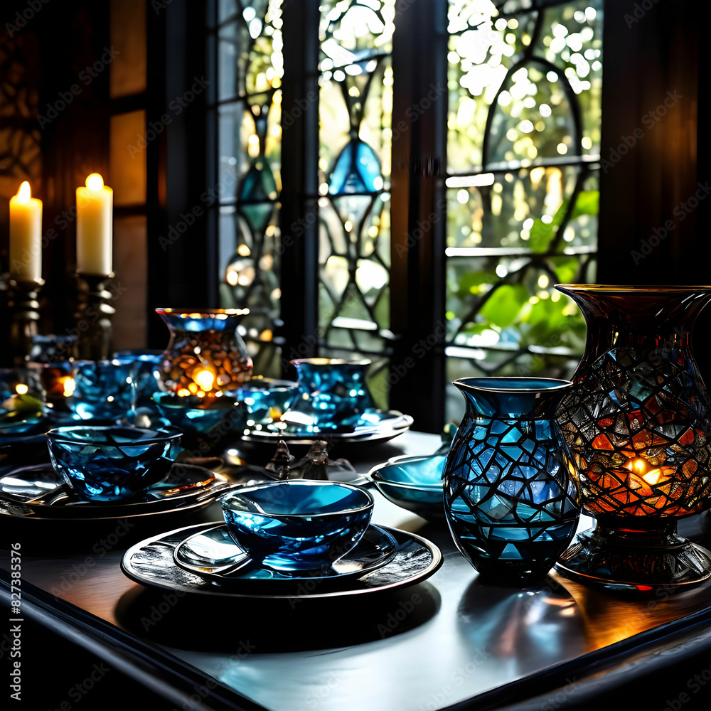 Stain glass crockery on the dining table, making an awesome view for candle light diner Stain glass crockery on the dining table, making an awesome view for candle light diner