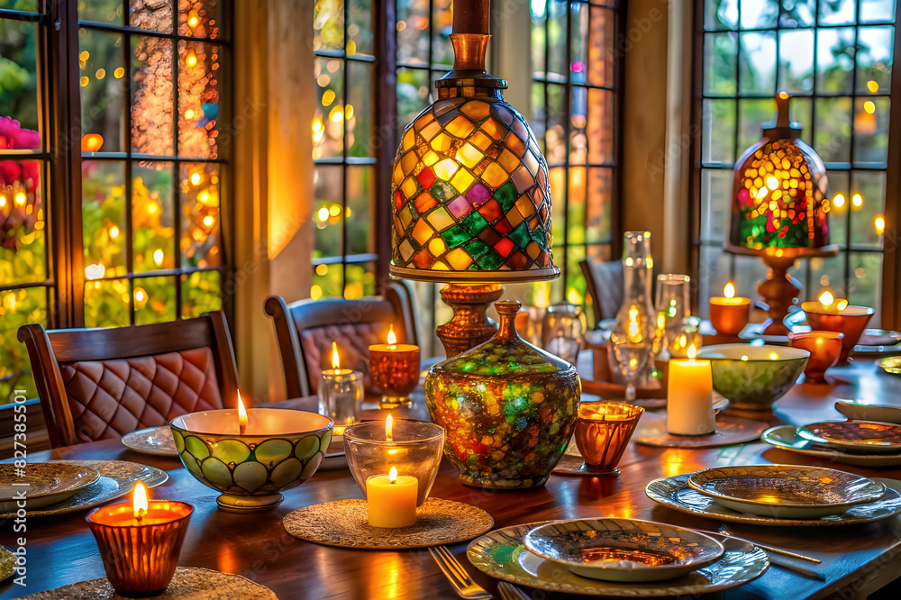 Stain glass crockery on the dining table, making an awesome view for candle light diner Stain glass crockery on the dining table, making an awesome view for candle light diner