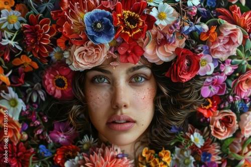 Alluring woman's face emerges amid a vibrant tapestry of assorted colorful flowers