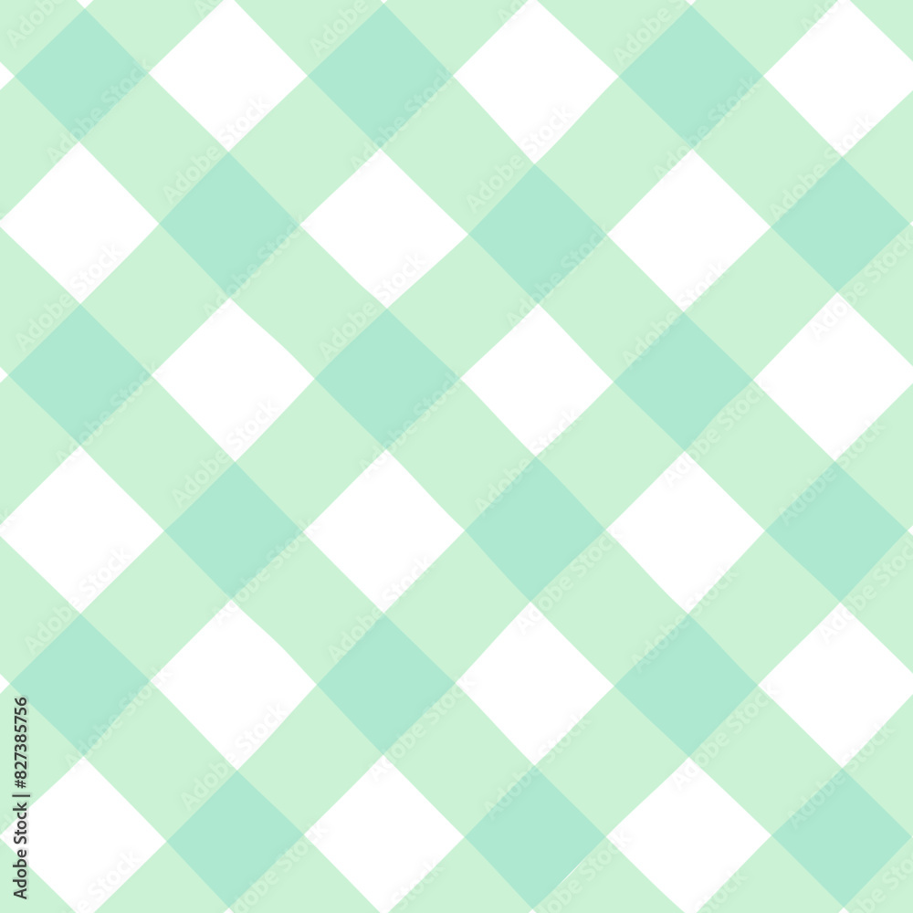 Light mint green diagonal Vichy check seamless vector pattern. Hand-drawn pastel green Gingham check background. Light mint green diagonal Vichy check seamless vector pattern. Hand-drawn pastel green Gingham check background.