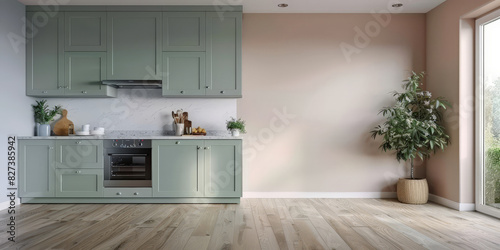  mpty kitchen wall mockup with light green cabinets and beige floor, modern minimalist style interior design