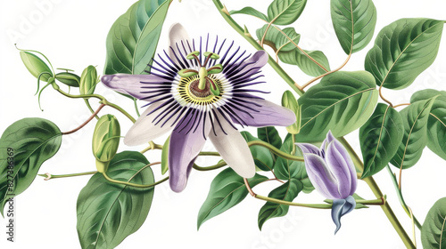 Historical botanical illustration of a maypop passionflower.academy, aesthetic,isolated on white background, old botanical illustration photo